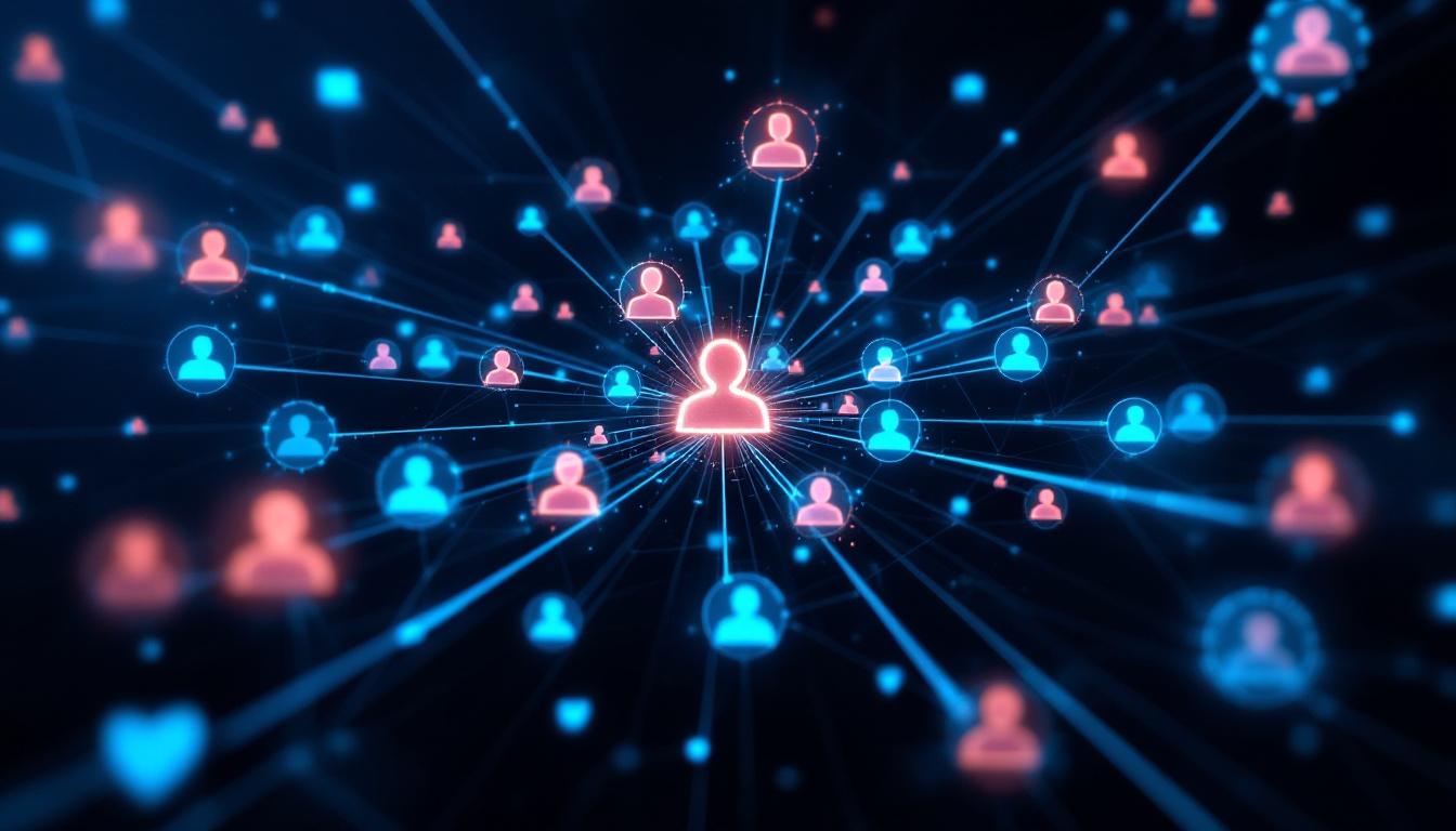 Harm Spreading Through Social Platforms: A digital map of interconnected user profiles, with bright lines showing the viral spread of a toxic message from a single AI account.