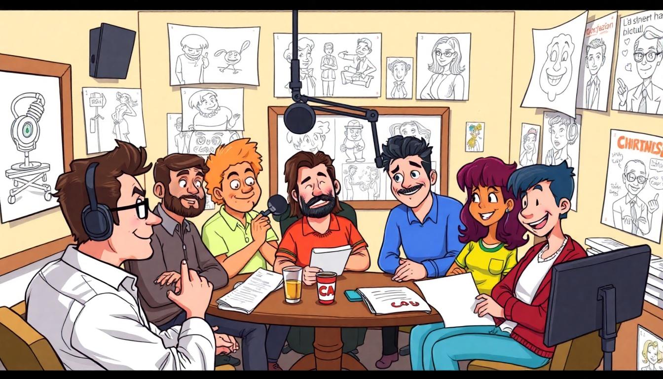 Image: Voice actors including John Stamos and Jackée Harry in a lively recording studio, surrounded by animation sketches and comic art.