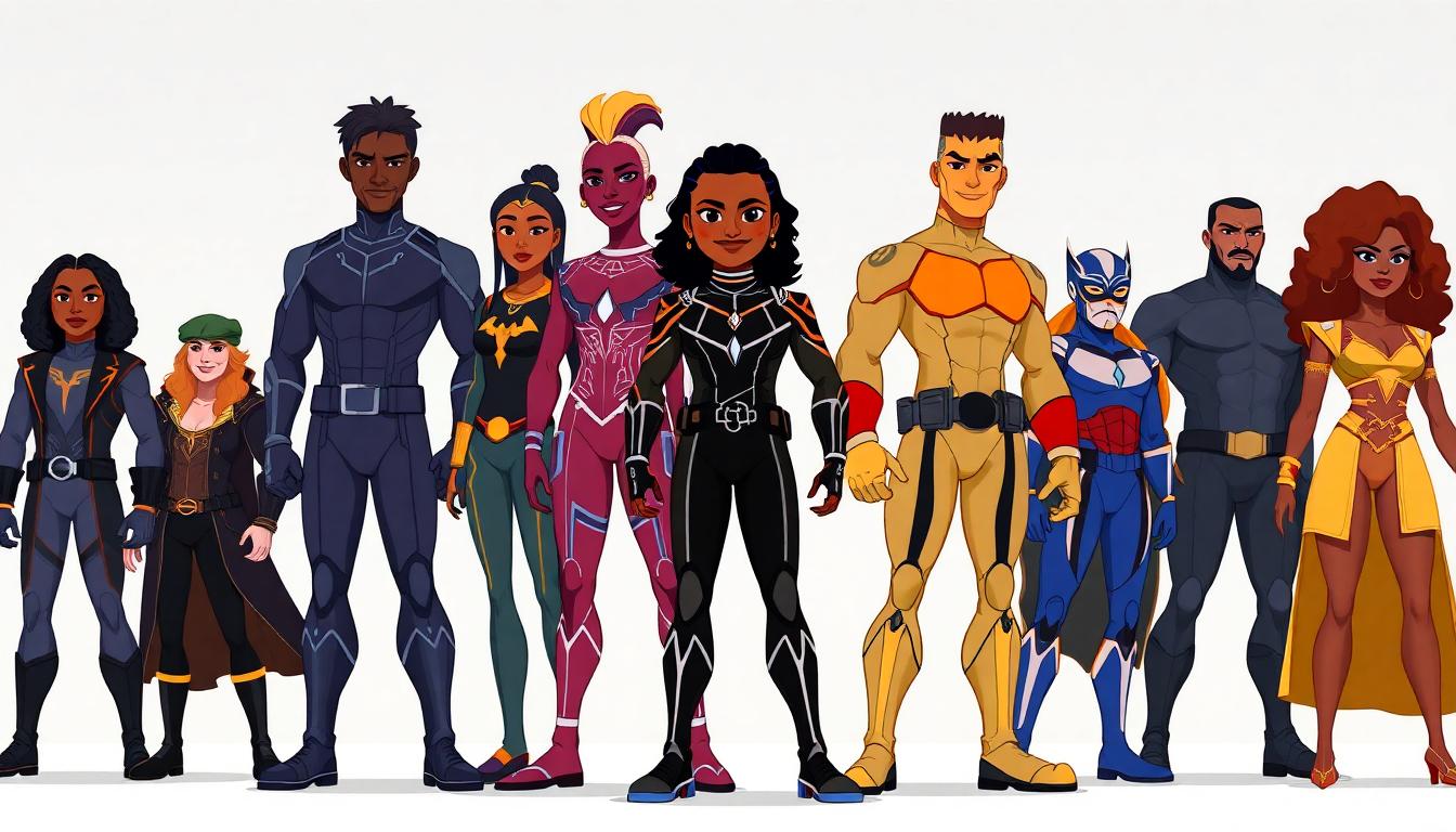 Marvel Reboots Iron Fist With A Fresh Direction in ‘Eyes of Wakanda’ Animated Series 4 Animated group of Wakanda agents and diverse Marvel heroes, vibrant color palette, showing multicultural cast in a unified action stance, modern animation style