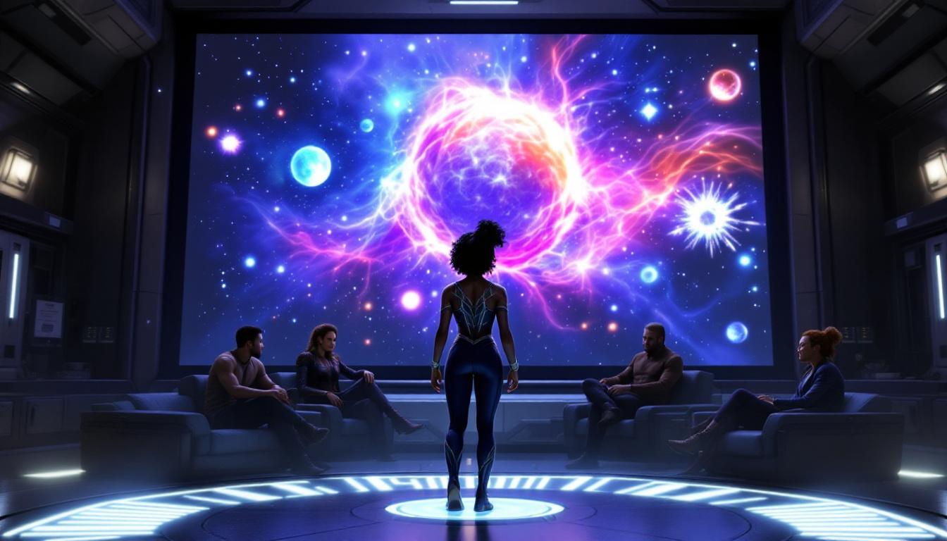 Inside Image 1: Shuri in a high-tech Wakandan lab, projecting a giant hologram of colliding universes, with Sam, Carol, Wong, and Bruce Banner gathered nearby looking shocked.