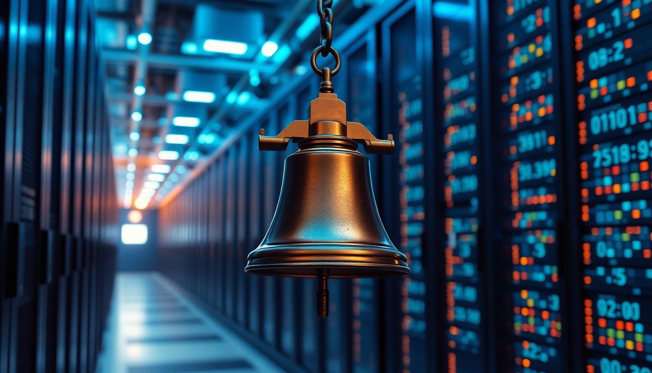Wall Street scene blended with futuristic data center aisles, IPO concept