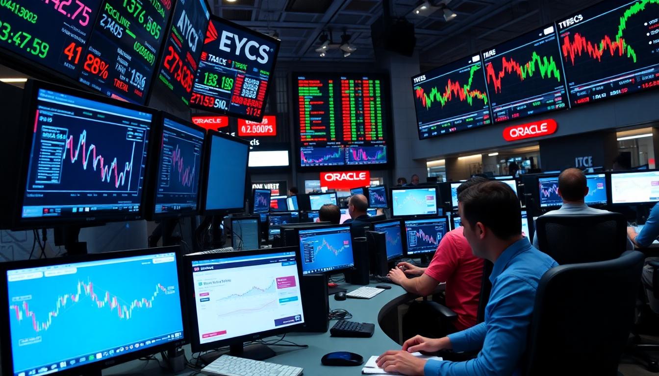Traders monitor tech stock tickers and charts on multiple screens