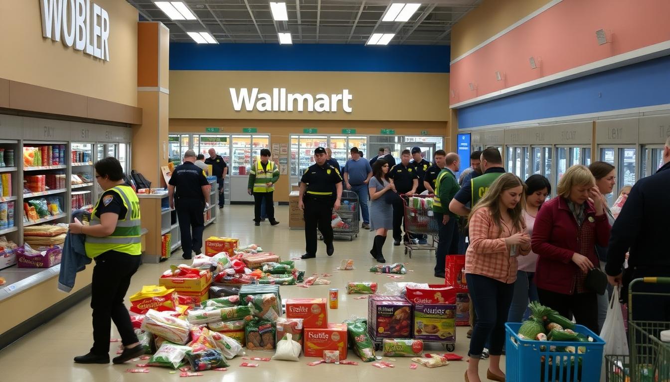 Inside a Walmart near the checkout area, scattered groceries, shocked shoppers being helped by emergency responders, officers securing the scene, tense but controlled atmosphere.