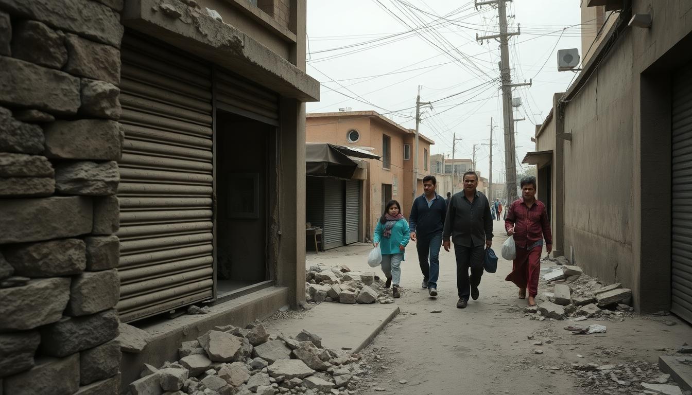 Residents walking carefully through a war-damaged street with broken masonry and sagging utility lines