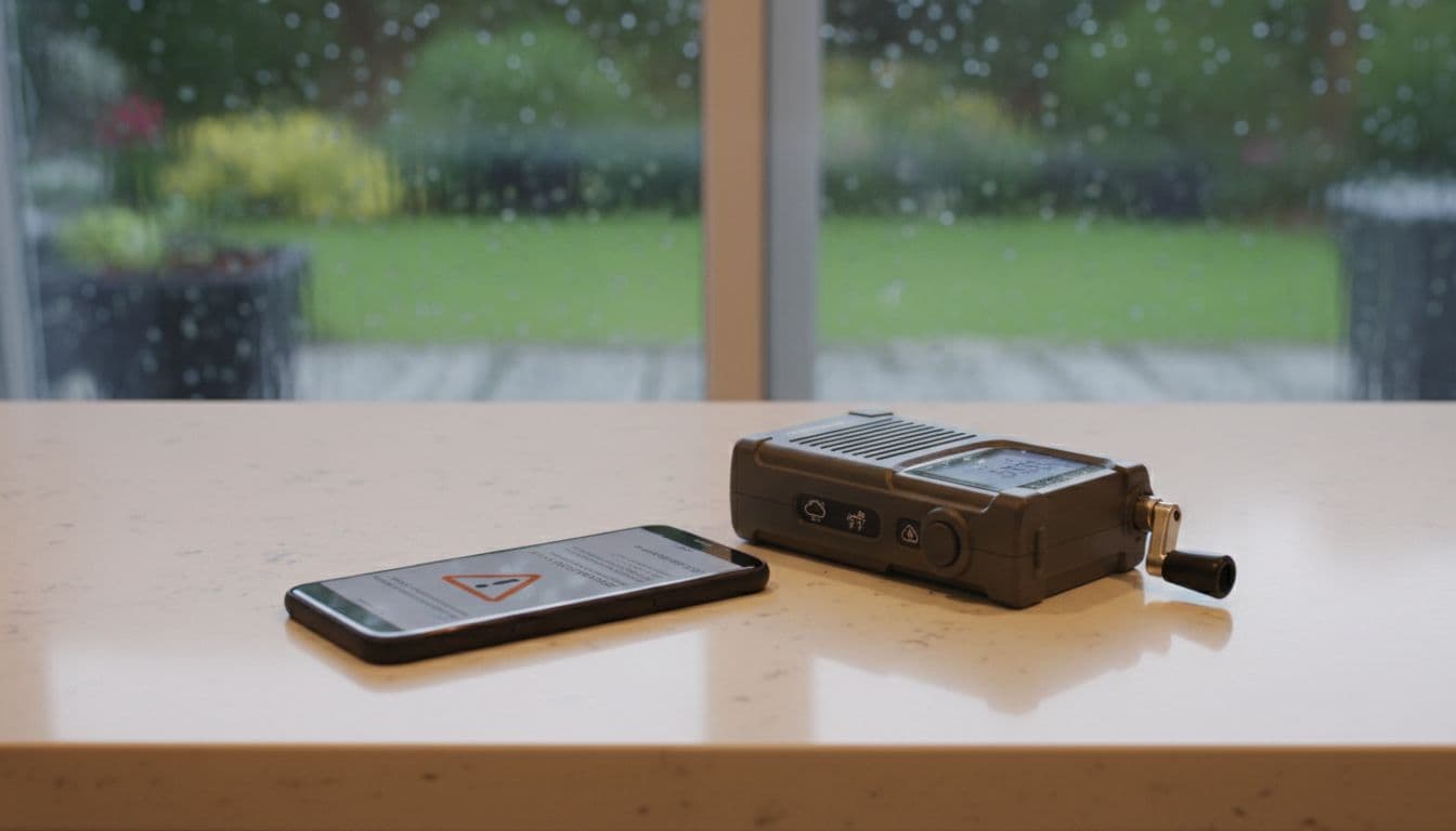Weather alert on a phone next to a weather radio on a kitchen counter