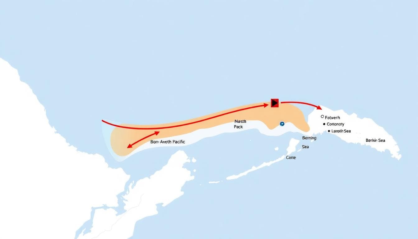 Western Alaska Storm Brings Deadly Flooding and High Seas: What Happened and What Comes Next 3 Infographic map showing western Alaska coast with storm track arrows, surge zones, and vulnerable villages