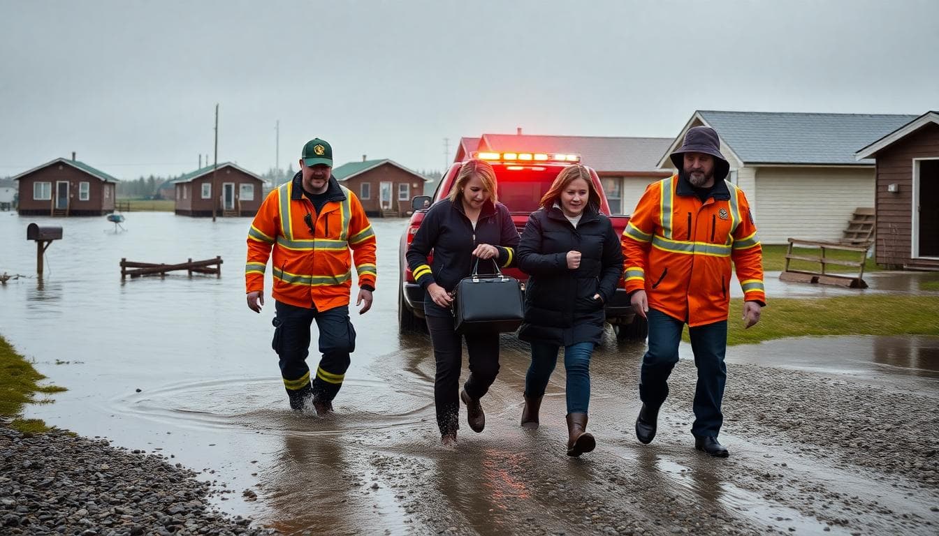 Western Alaska Storm Brings Deadly Flooding and High Seas: What Happened and What Comes Next 2 Emergency responders assisting residents through floodwater in an Alaska coastal town