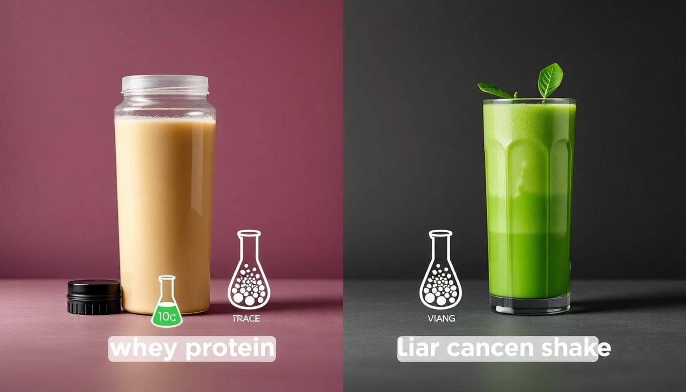 Side-by-side visual of whey and plant-based shakes suggesting different contamination risks
