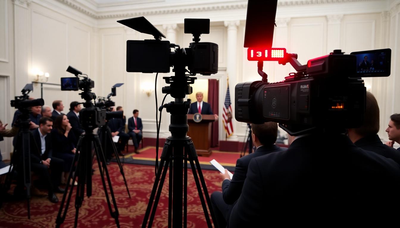 Press corps with cameras and tripods focused on a White House podium