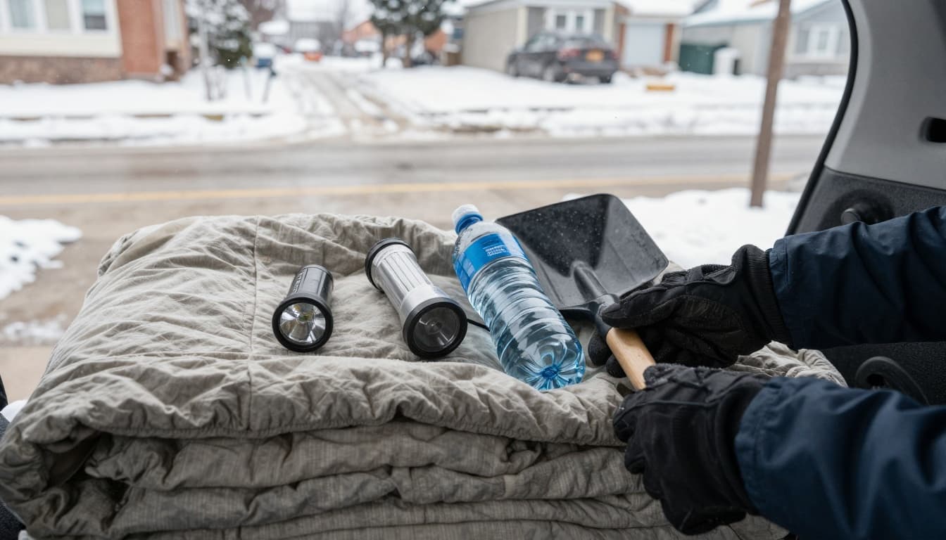 Hands placing winter emergency supplies like blanket and flashlight into a car trunk