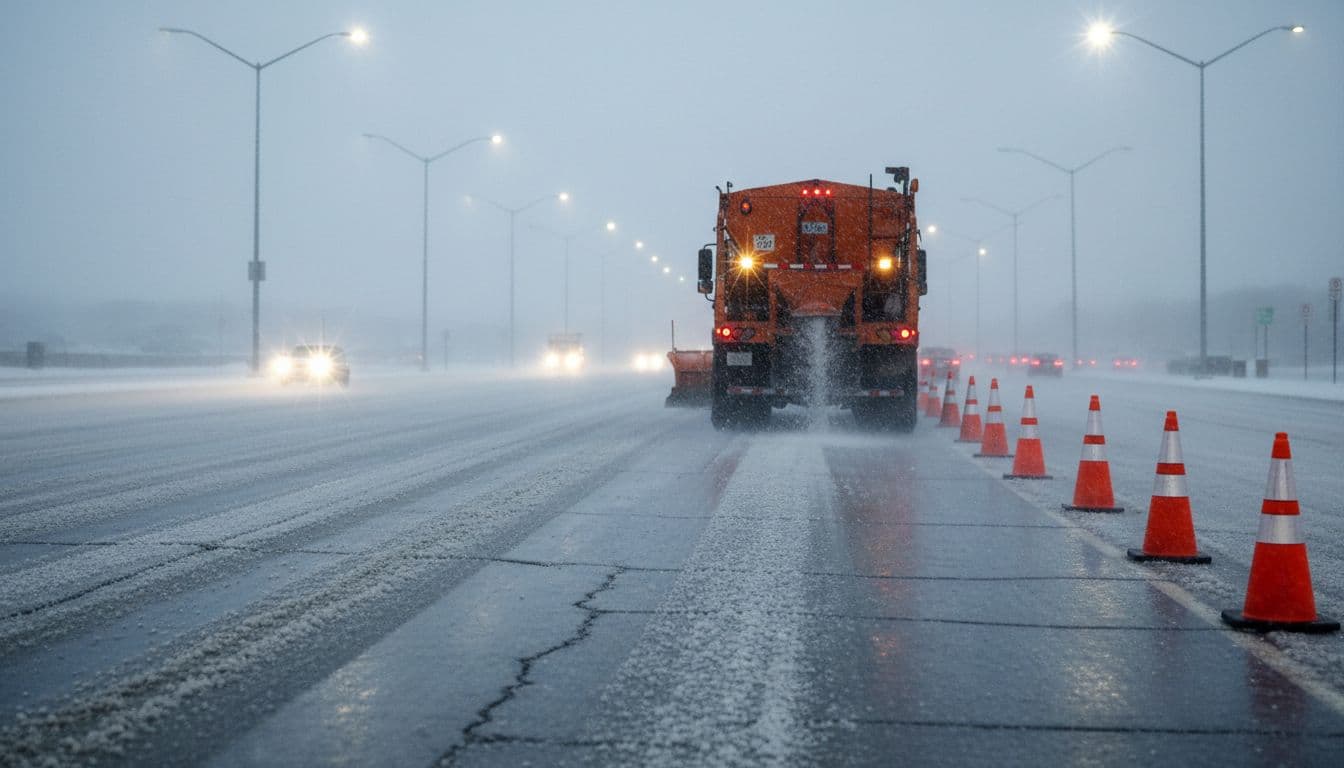 Freezing Rain Is the Worst: What to Watch for When the Weather Turns to Ice 3 Road salt truck spreading de-icer during an ice storm on a slick road