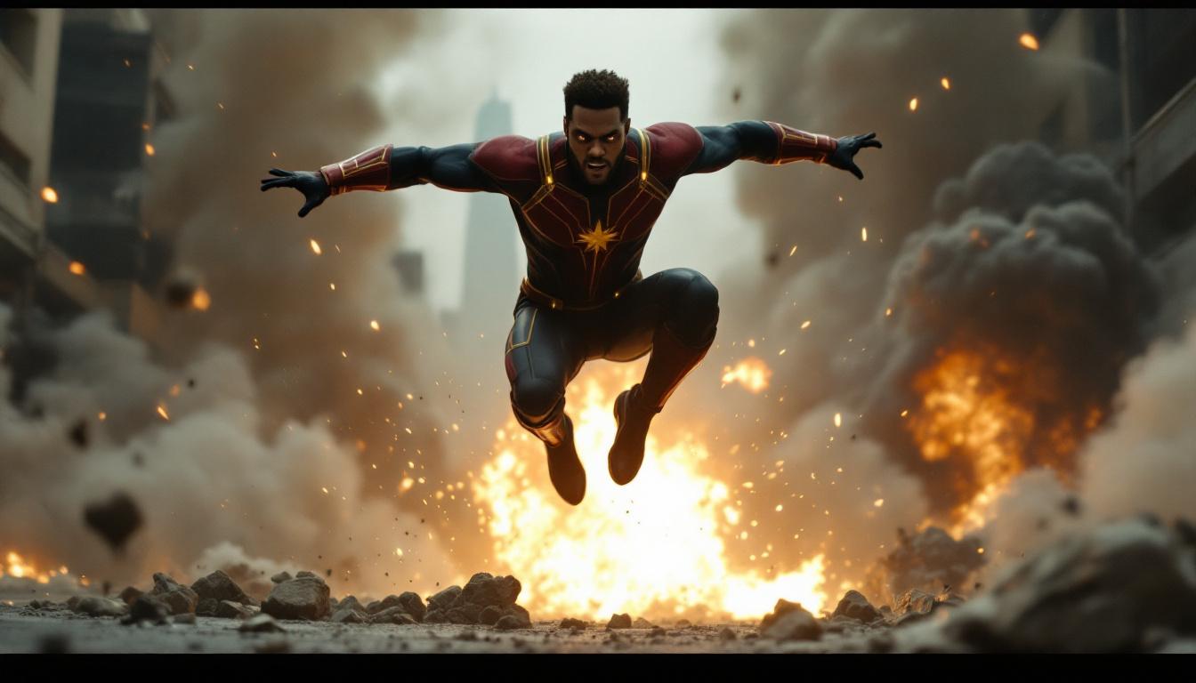 Marvel’s Wonder Man Revealed: New Disney+ Sizzle Reel Teases Heroics, Hollywood, and Humor 2 Wonder Man (Yahya Abdul-Mateen II) in the middle of a high-energy stunt scene, leaping over explosions and dramatic set pieces, blending the world of movies with Marvel action.