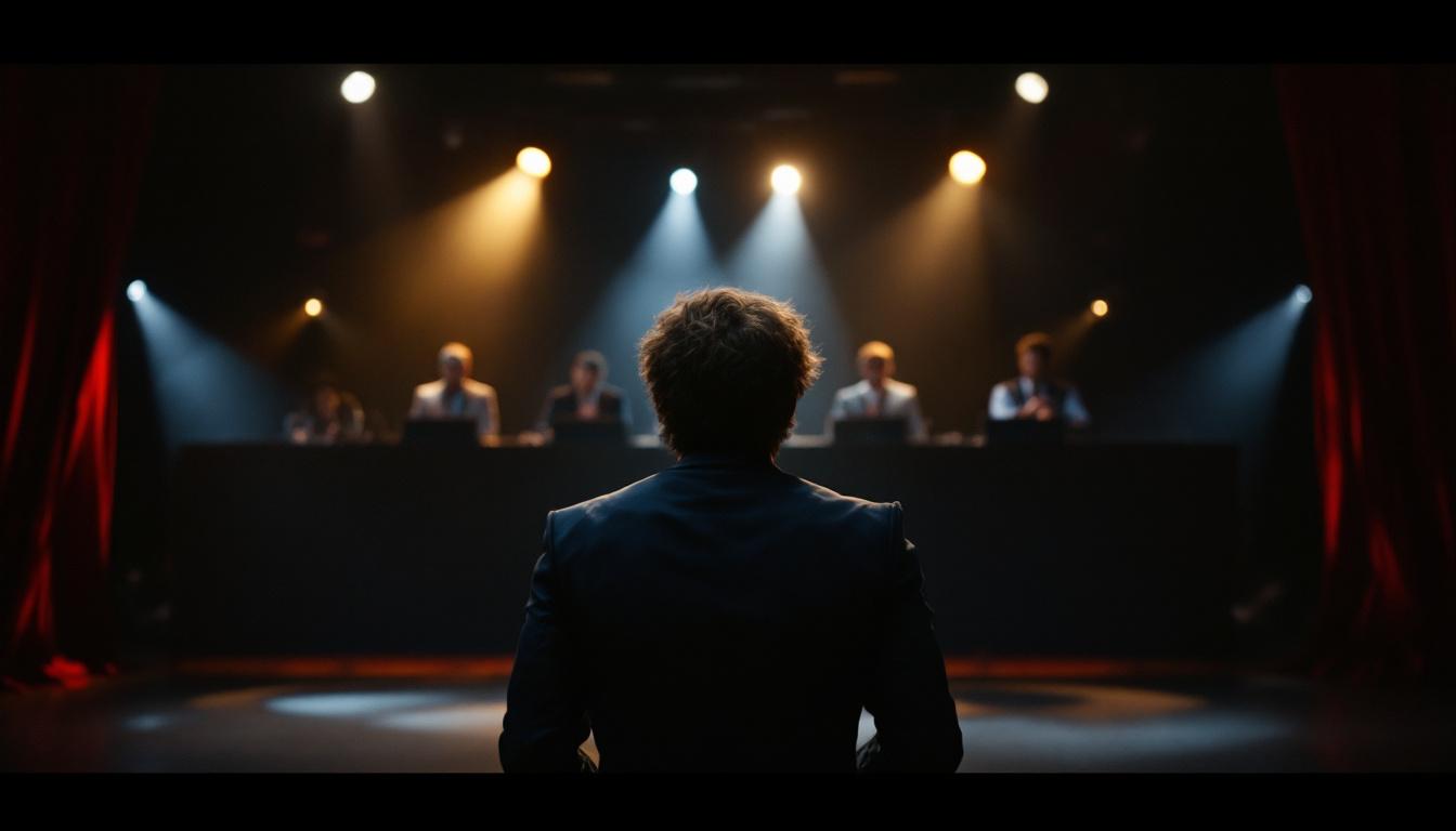 Marvel’s Wonder Man Revealed: New Disney+ Sizzle Reel Teases Heroics, Hollywood, and Humor 4 Cinematic shot of Wonder Man on stage during an audition in front of a judging panel, spotlights overhead, blending nervousness, confidence, and meta-superhero humor.
