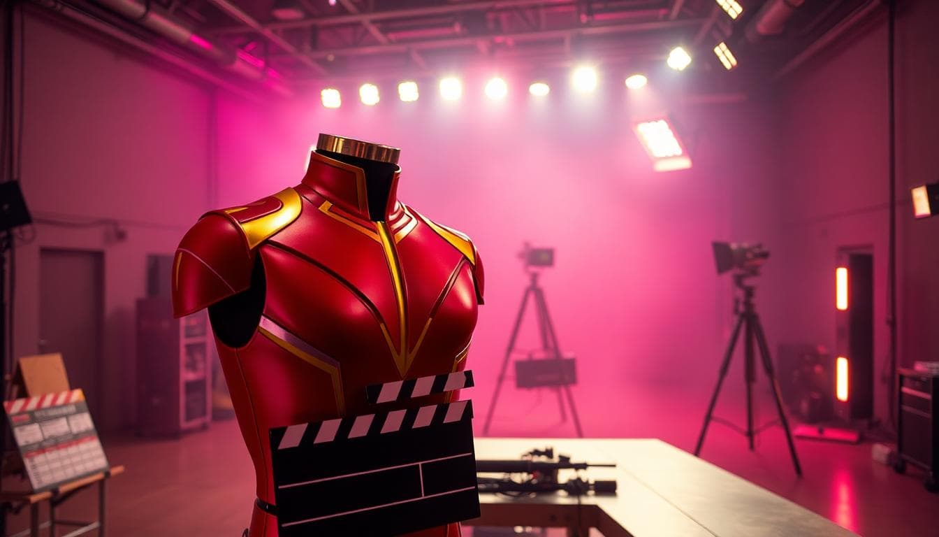 Marvel in 2026: Movies, TV Shows, and the Latest on Wonder Man’s Release Date 2 Photo-realistic film soundstage with red-gold stunt suit on a mannequin, neon lights, and camera crane evocative of Wonder Man’s showbiz theme
