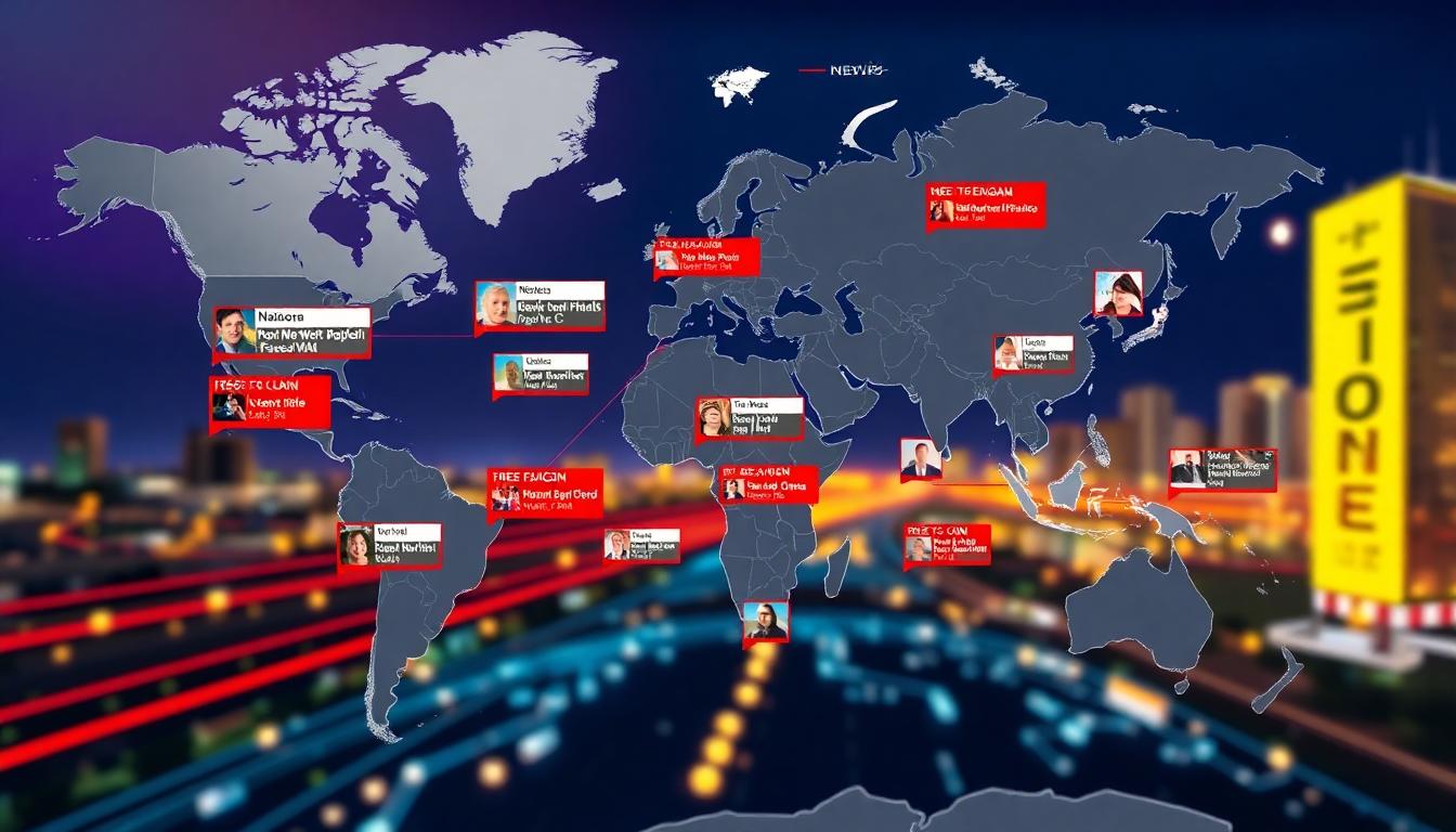 Timelapse illustration: world map with global news headlines and locations connected