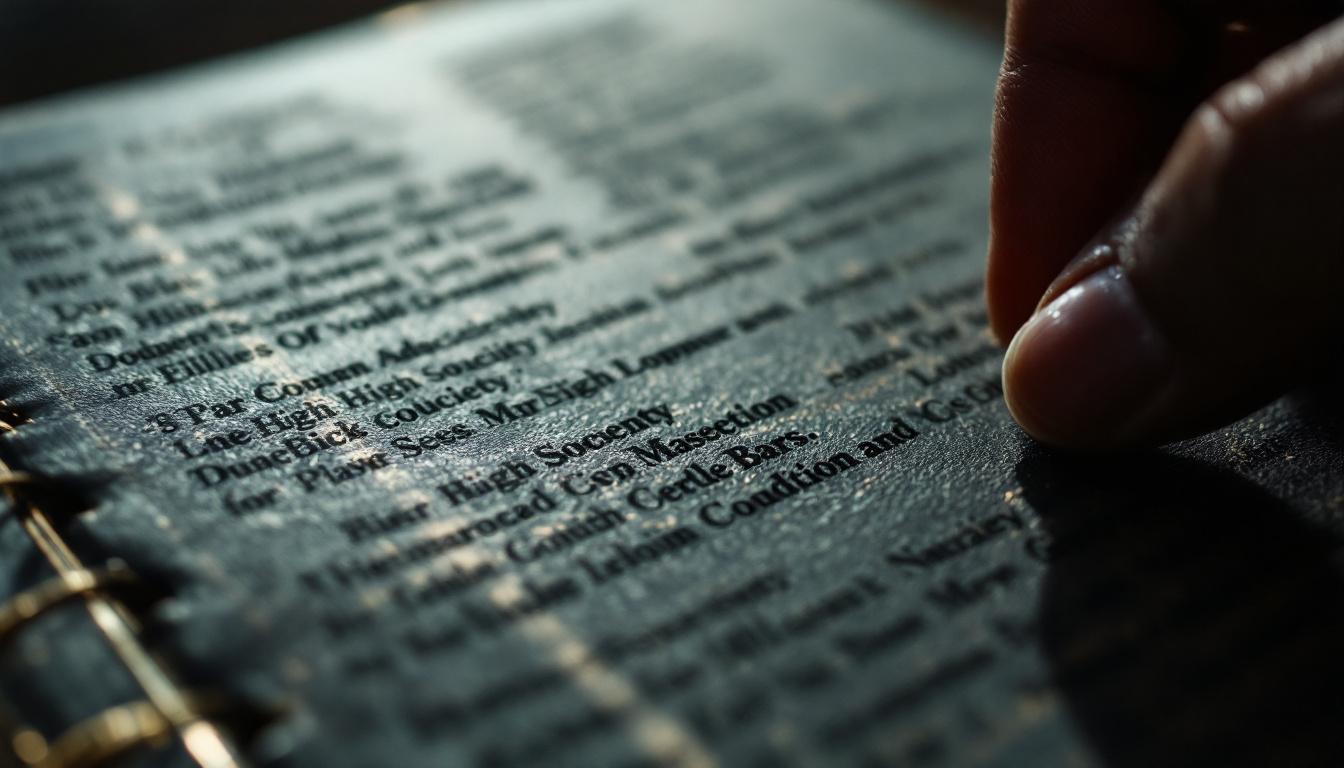 A close-up of a worn black address book with blurred-out high-society contacts, shadowy hand turning pages, sense of secrecy and exclusivity.