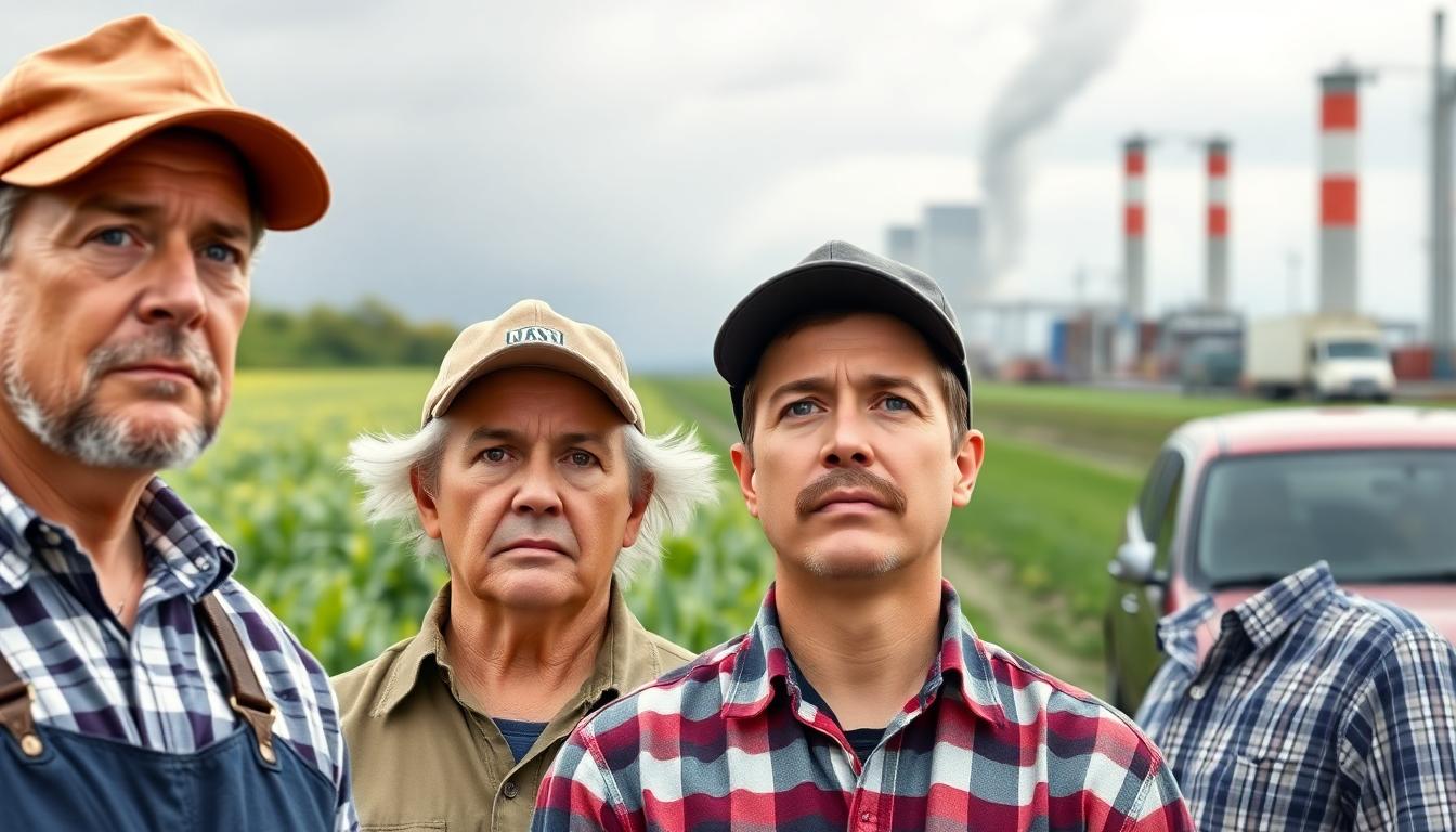 Worried farmers and auto workers in agricultural fields and a factory affected by tariffs
