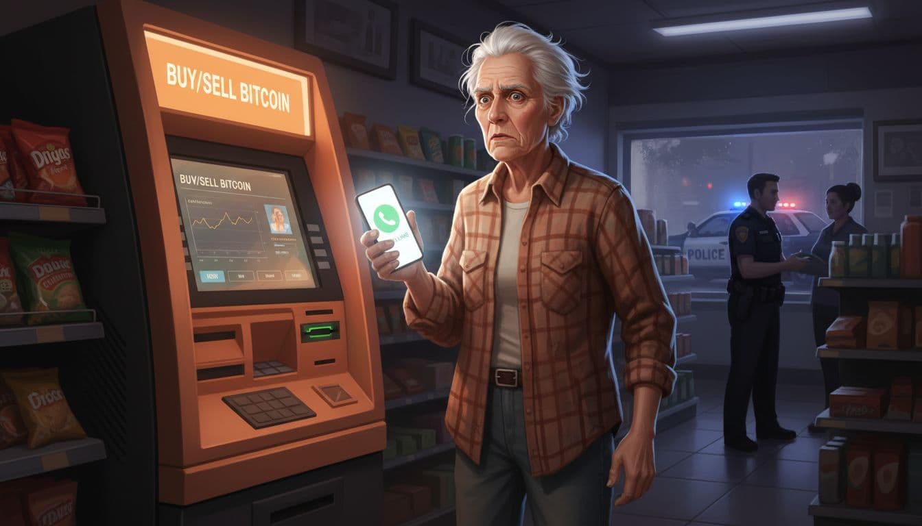 Bitcoin ATM Scams: How Clay County Residents Lost Millions To Fake Jury Duty Calls 5 Senior person looking worried in front of a Bitcoin ATM while holding a ringing phone