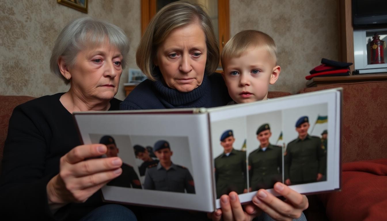 Inside a modest Russian home, a mother and younger sibling look at a photo album with pictures of their son or brother in uniform, faces full of worry and longing.
