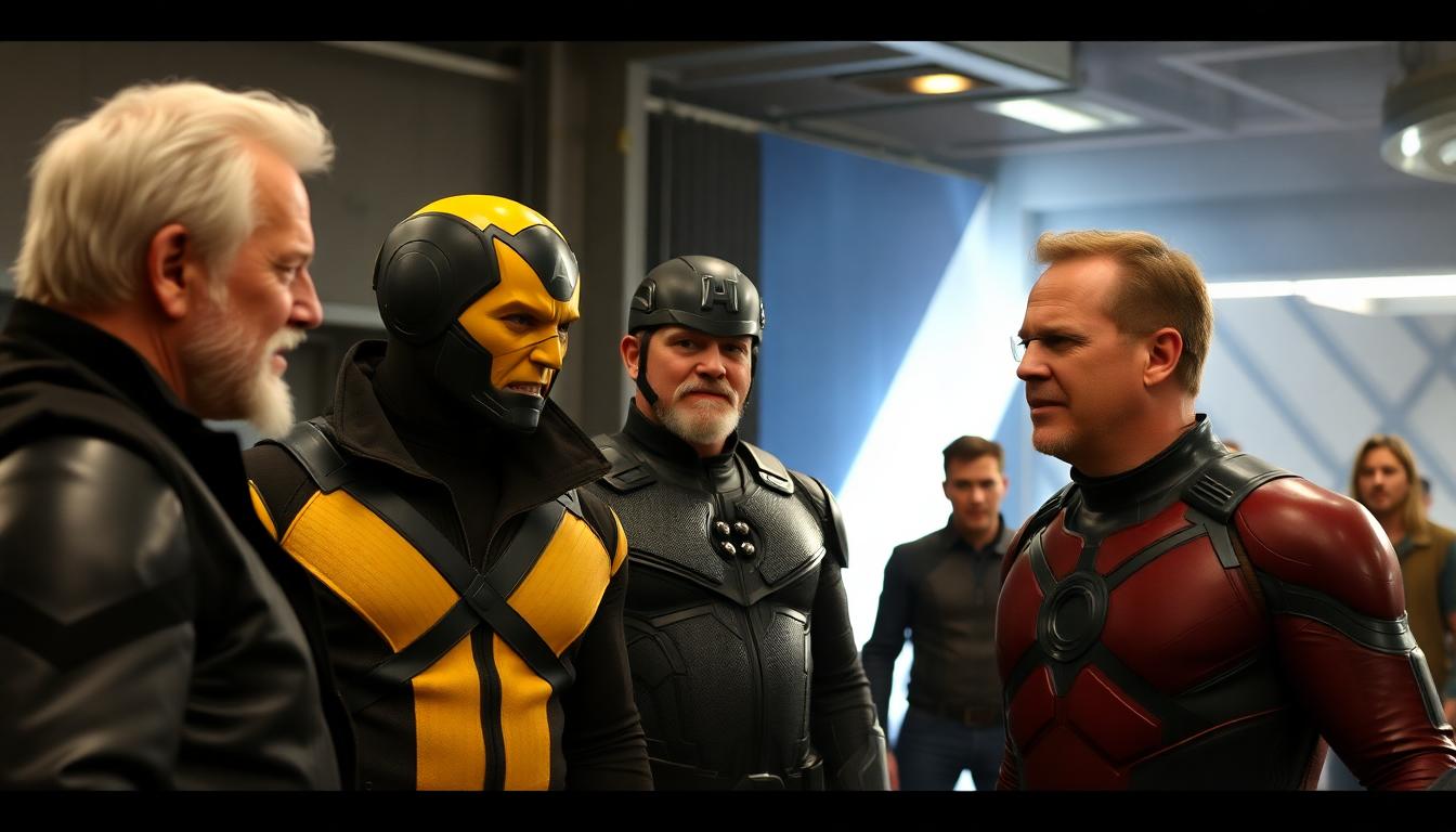 Avengers: Doomsday in Flux — Rebecca Romijn and the Mystery of an Unfinished Script 3 A behind-the-scenes look at actors from the original X-Men cast, including Patrick Stewart, Ian McKellen, and James Marsden, in costume, interacting with the new Avengers cast, MCU film set vibe.