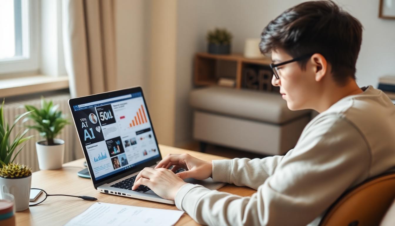 Inside Article Image 1: Young blogger using AI tools and analytics at home