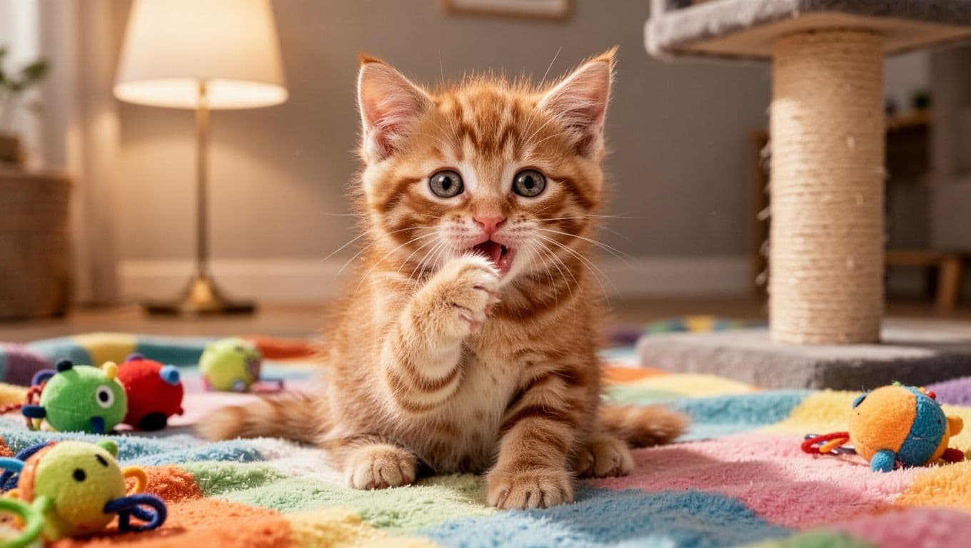 An adorable orange tabby kitten sits on a soft colorful blanket in a home play area, gently pawing at its mouth with mild gum redness indicating teething discomfort. The cute, alert kitten is surrounded by toys and a scratching post under soft indoor lighting.