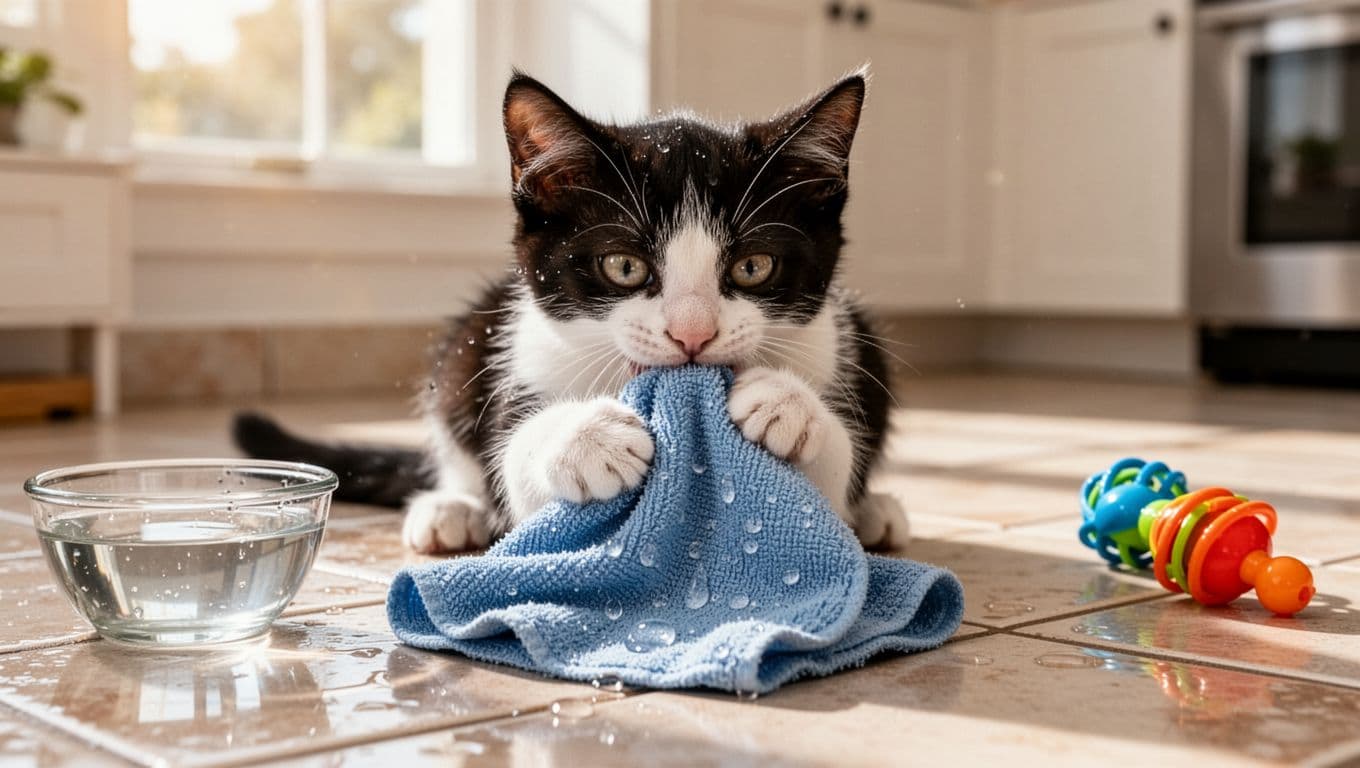 A playful black and white kitten chews contentedly on a chilled damp washcloth in a bright kitchen with morning sunlight. High detail captures the wet cloth texture, shiny fur, fresh water bowl, and safe toys on the tile floor.
