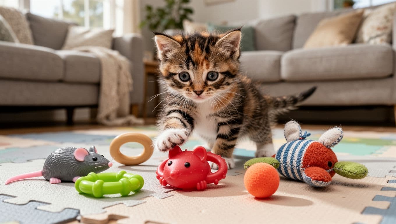 An assortment of safe kitten chew toys including a soft rubber mouse, latex teether ring, fabric kittennip toy, and small foam ball arranged on a soft play mat in a cozy living room. A curious calico kitten playfully bats at the rubber mouse with one paw under bright daylight.
