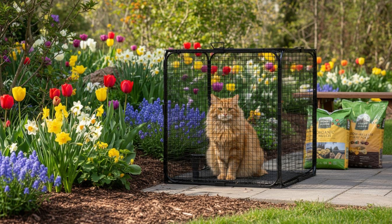 Red Maine Coon cat looks out from screened enclosure in sunny spring garden with tulips, daffodils, and distant mulch bags.