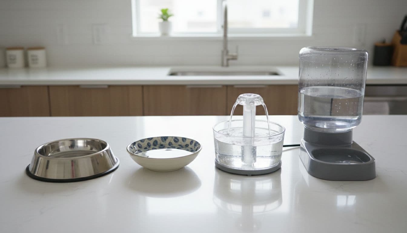 Best Ways of Keeping Cats Hydrated in a Multi-Cat Home: Smart Tips That Work 4 Four cat water bowls and fountains on a modern kitchen counter: stainless steel bowl, ceramic dish, glass fountain with flowing water, and large reservoir.