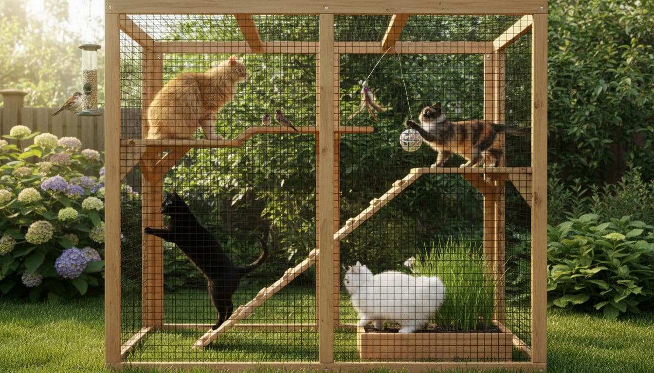 Kitty Wants a Catio: Ideas Indoor Cats Will Love 3 Five cats in sunny backyard catio: one perches watching birds, one climbs ramp, one sniffs grass, two play on platforms.
