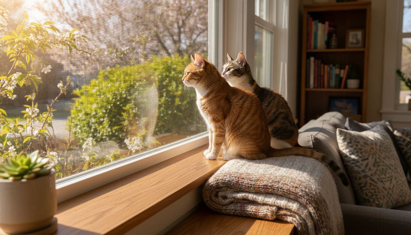 Two cats sit on a windowsill in a sunny living room, looking out at spring greenery through a screened window.