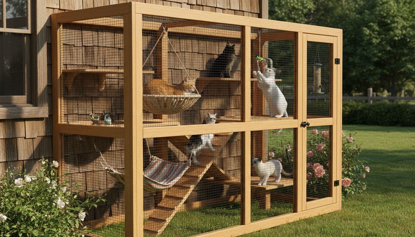 Kitty Wants a Catio: Ideas Indoor Cats Will Love 2 Wooden-framed backyard catio with mesh walls contains five cats lounging, climbing, and watching birds on platforms, shelves, hammocks, and ramps.