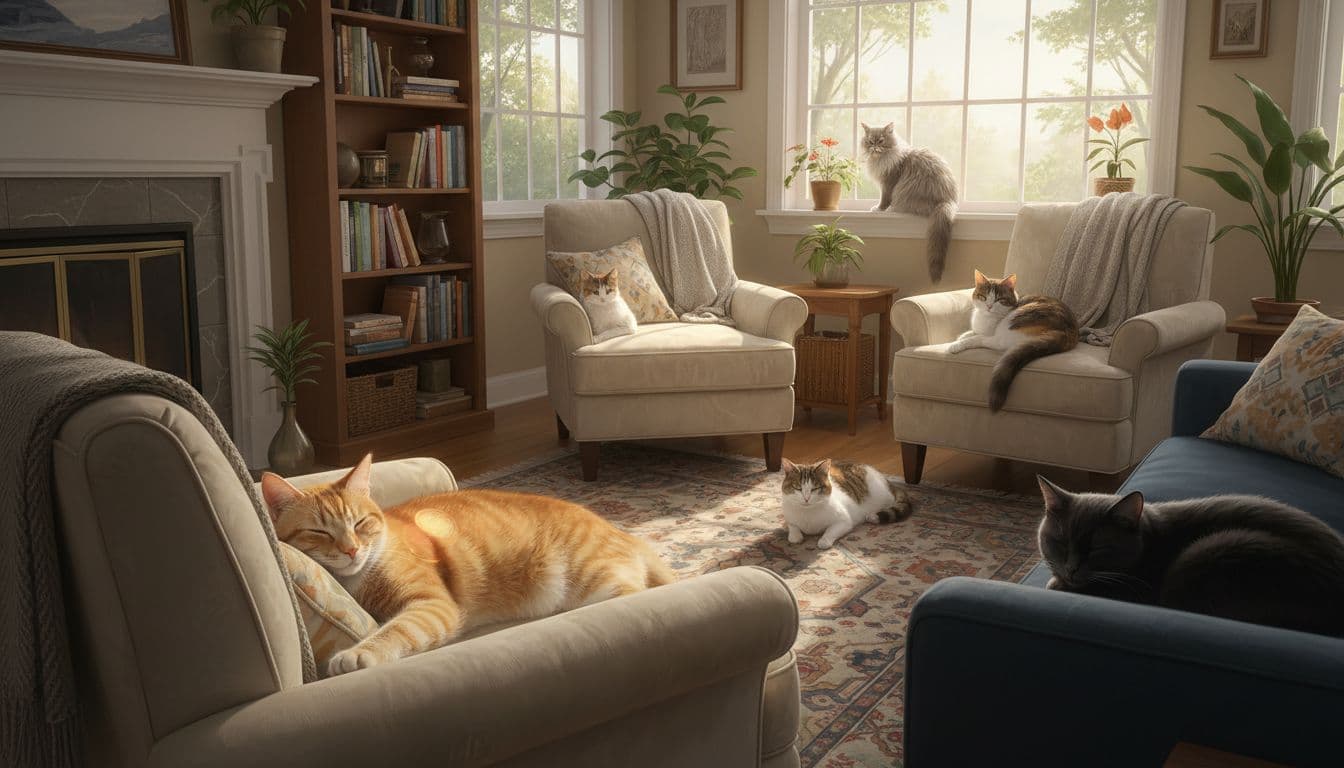 Does My Cat Need a Microchip? 7 Clear Reasons Most Cats Should Have One 2 Five cats lounge on couches and windowsills in a cozy living room, with warm afternoon light and one ginger cat highlighted in the foreground.