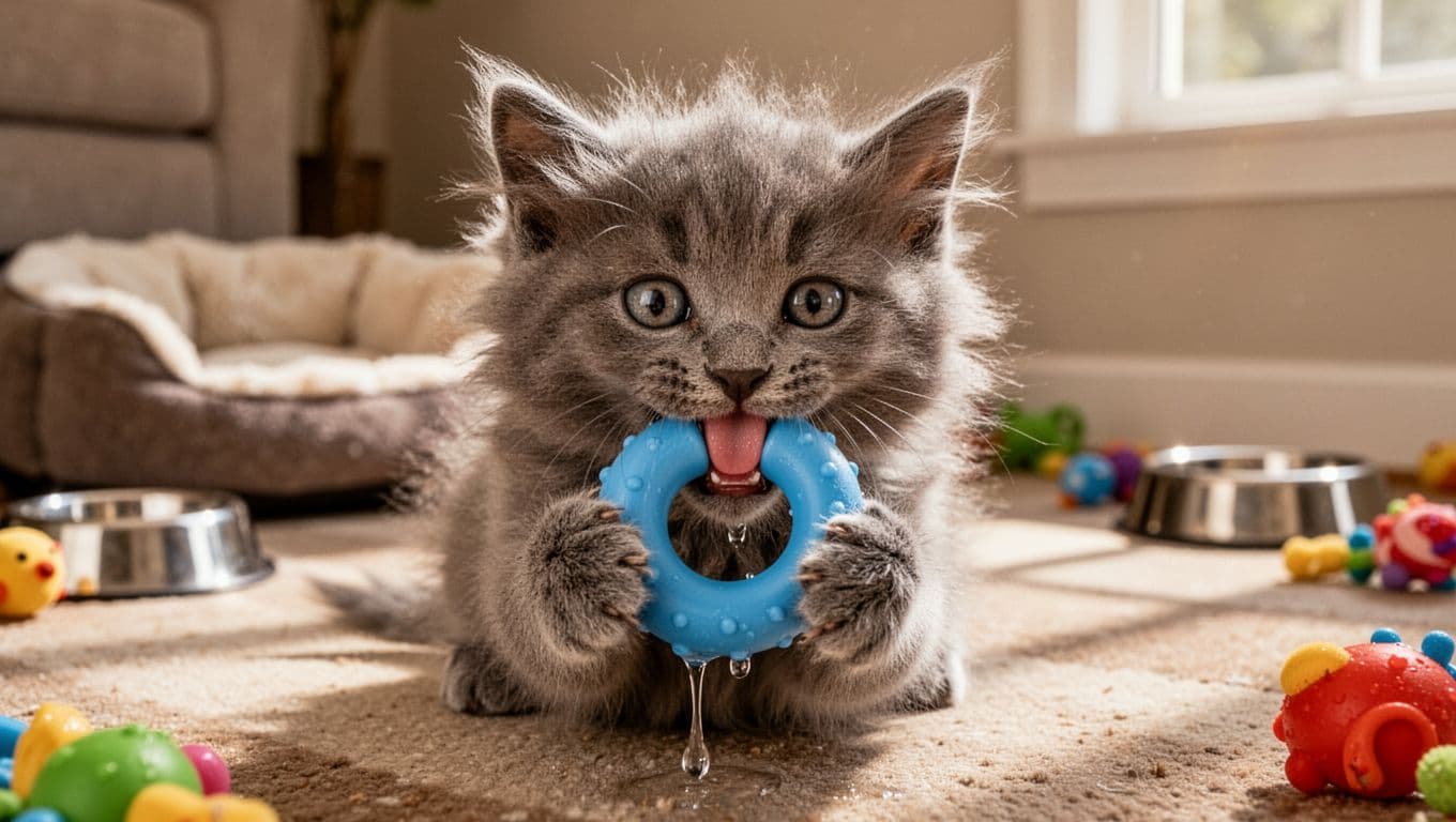 A small fluffy gray kitten around 4 months old happily chews on a soft blue rubber toy in a sunny living room corner. Detailed fur texture, playful mood, with paws holding the toy and natural daylight.