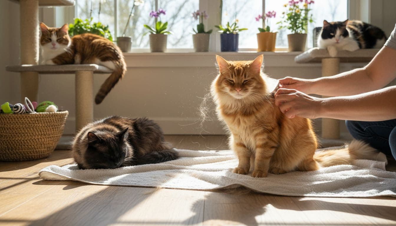 Owner brushes one of four cats on towel, shedding fur visible in spring window light.