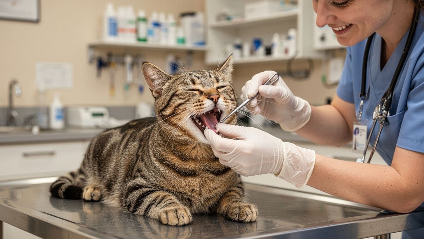 A friendly veterinarian gently examines the mouth of a relaxed tabby cat on an exam table, using gloved hands and a tool to reveal healthy pink gums and clean teeth. Soft clinic lighting and blurred background equipment create a warm, reassuring mood.