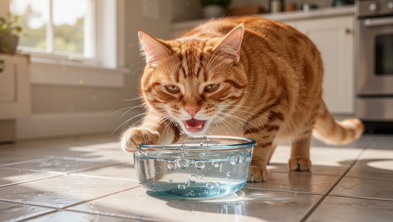Photorealistic image of a happy orange tabby cat drinking from a fresh water bowl with subtle dental additive bubbles, in a sunny kitchen with tiled floor and softly blurred background.