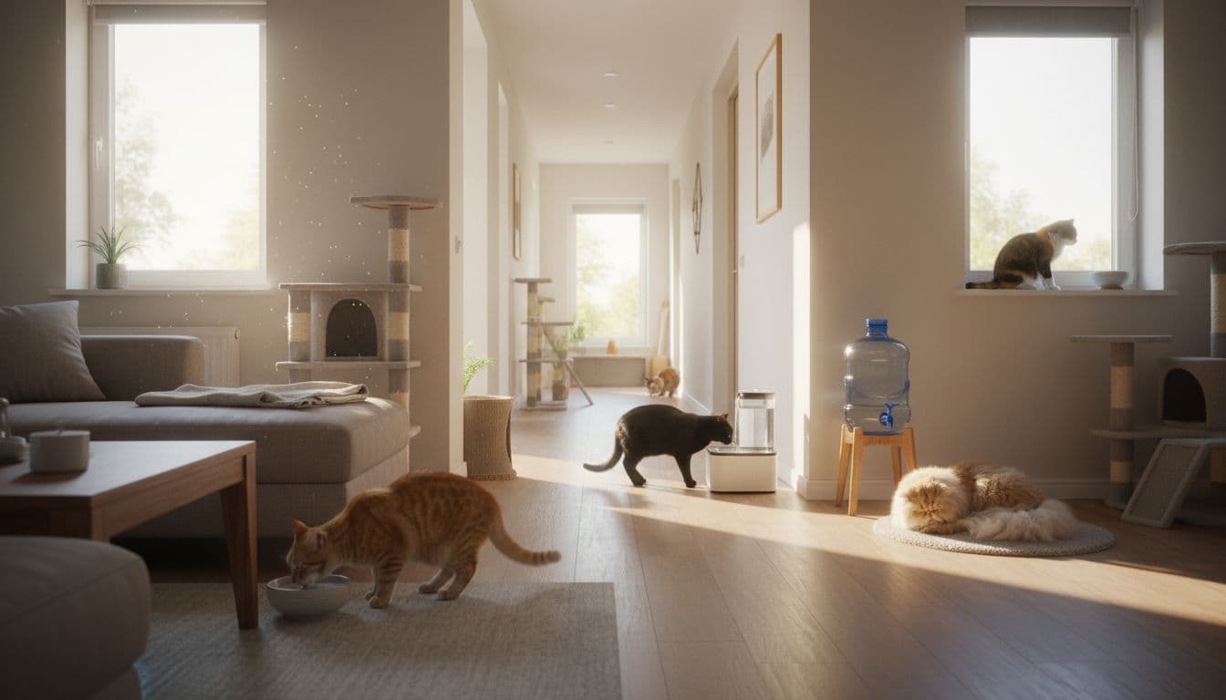 Best Ways of Keeping Cats Hydrated in a Multi-Cat Home: Smart Tips That Work 3 Four cats drink from a bowl in the living room and a fountain in the hallway amid other room stations.