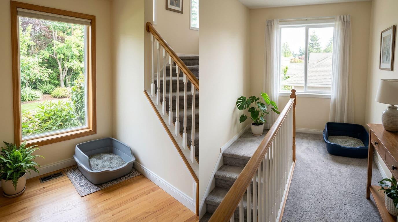 Realistic interior photo of multiple large open litter boxes placed in quiet corners on different home floors, clean with litter, near windows with natural light, away from food areas, no cats visible.