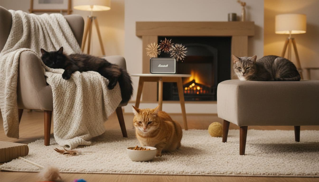 Three relaxed cats in cozy living room, one eating treats from bowl, others lounging near small speaker playing faint fireworks audio.