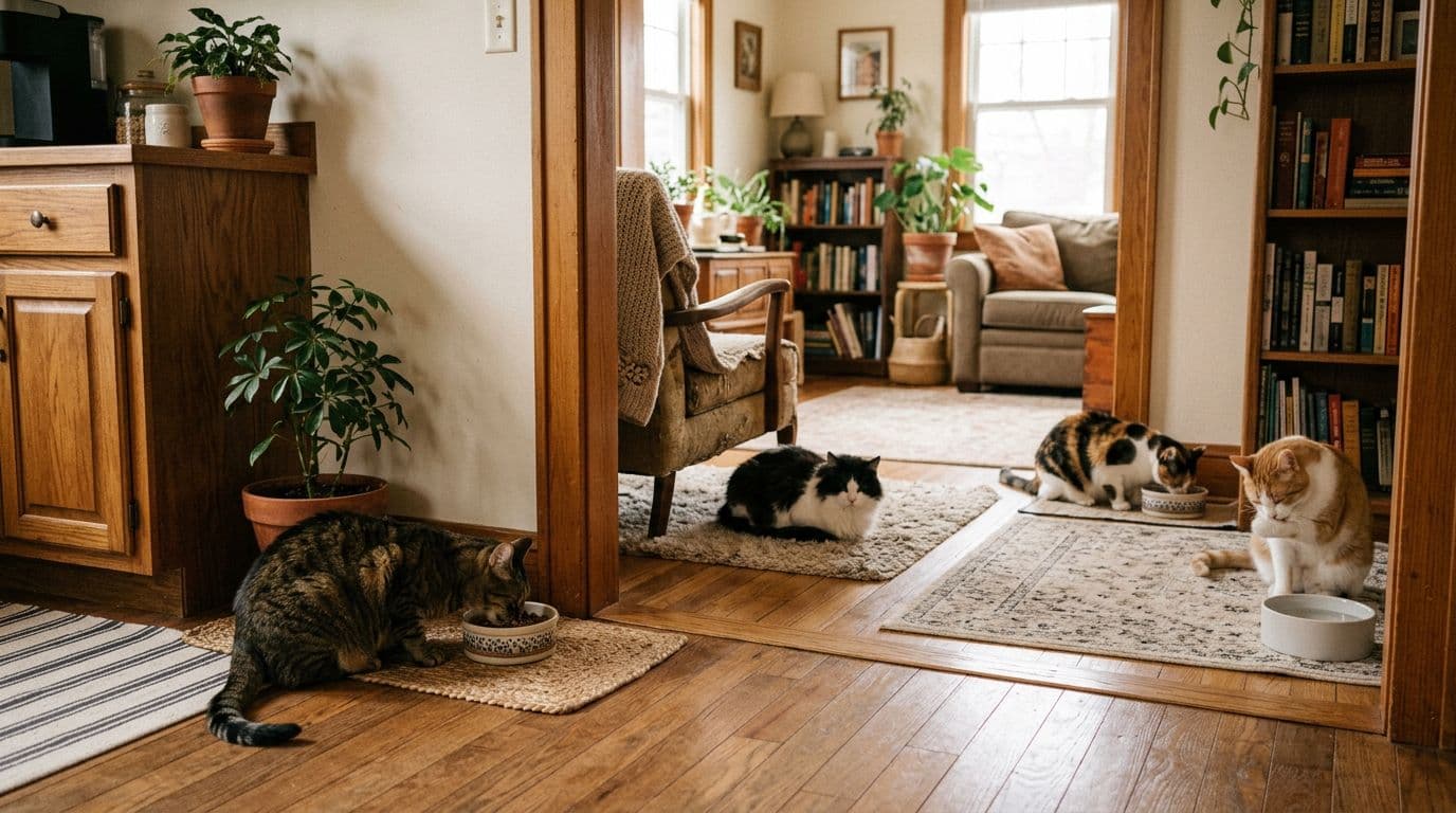 One shy cat eats alone at its separate bowl in a cozy home, with three other relaxed cats visible in background rooms under soft lighting. Realistic photo style with exactly four cats, no humans, text, or borders.