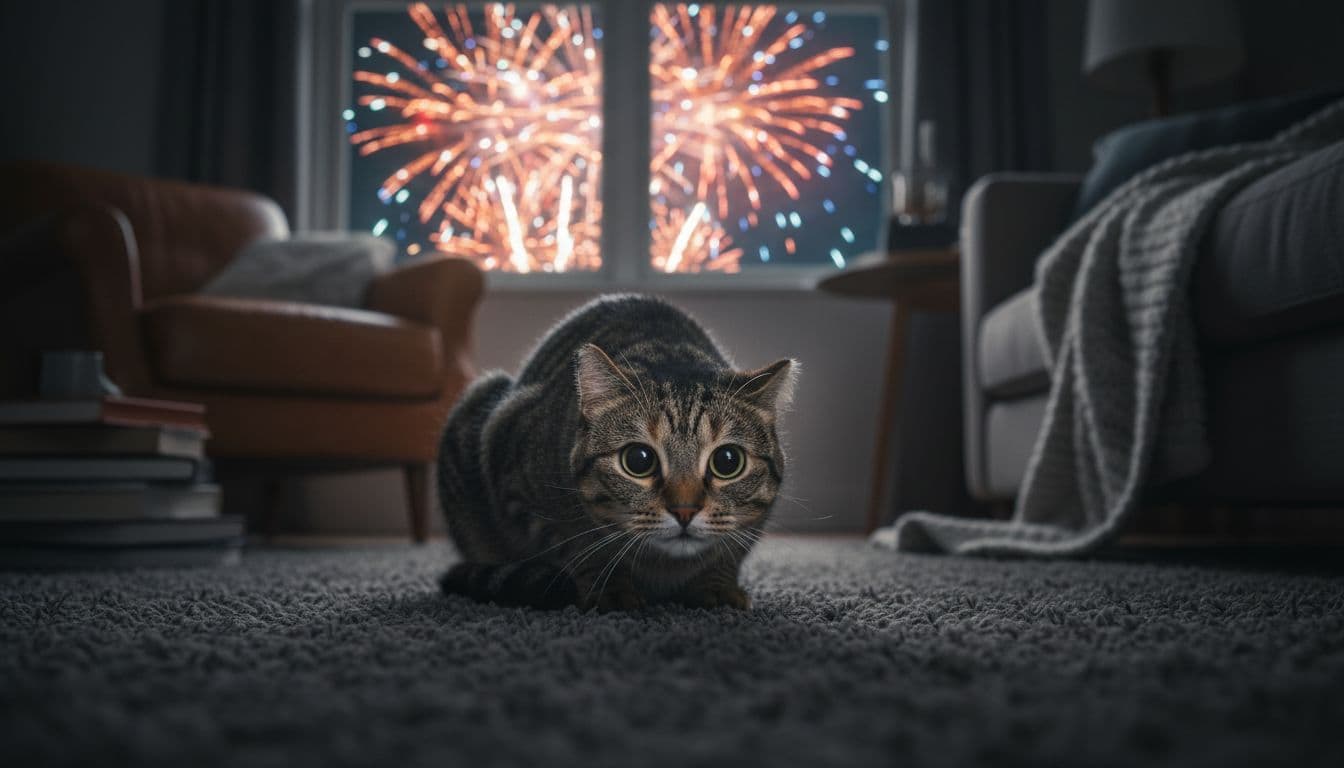Tabby cat crouches low with wide eyes, flattened ears, and low tail in dark room amid fireworks flashes.