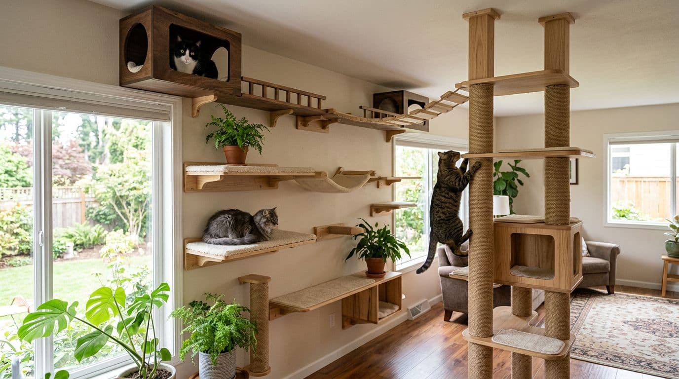 Realistic photo of exactly three cats climbing and resting on tall cat trees and wall shelves in a bright living room with natural daylight from windows and multiple levels with hiding spots.