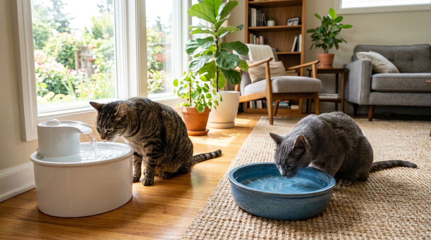 Realistic image of exactly two cats calmly drinking fresh flowing water from a fountain and wide bowls placed in various spots around a bright, naturally lit living room.