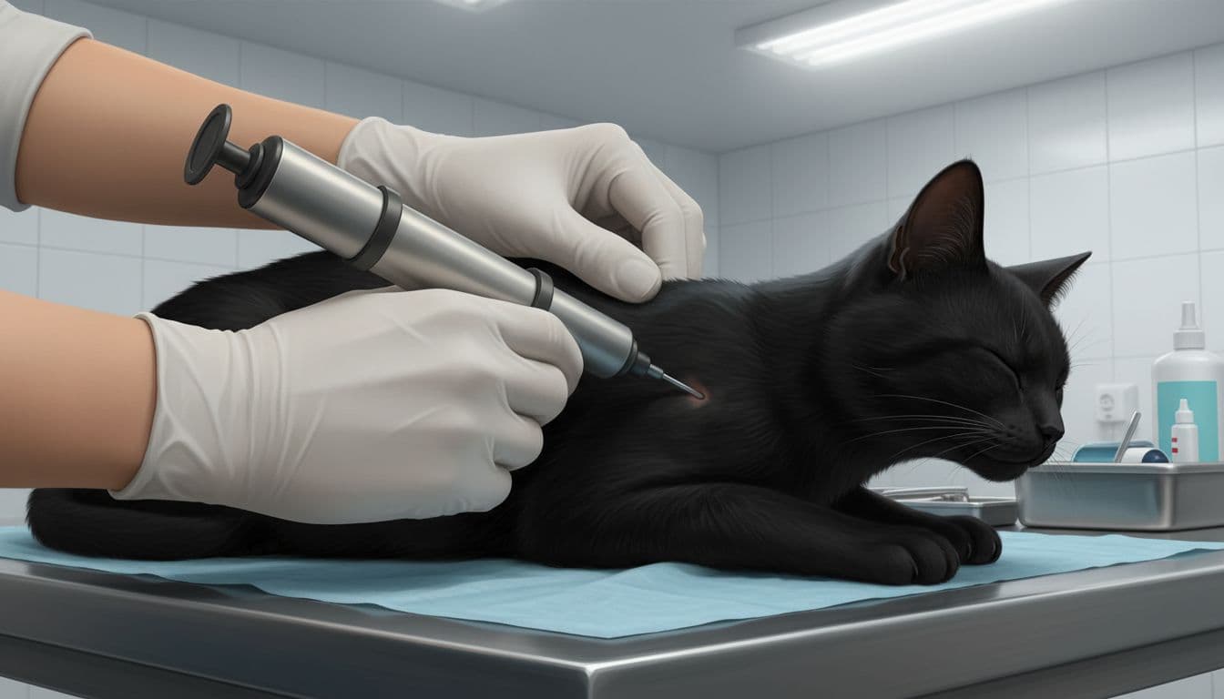 Does My Cat Need a Microchip? 7 Clear Reasons Most Cats Should Have One 4 Vet hand inserts a microchip under a sedated black cat's neck skin using a needle applicator in a sterile exam room.