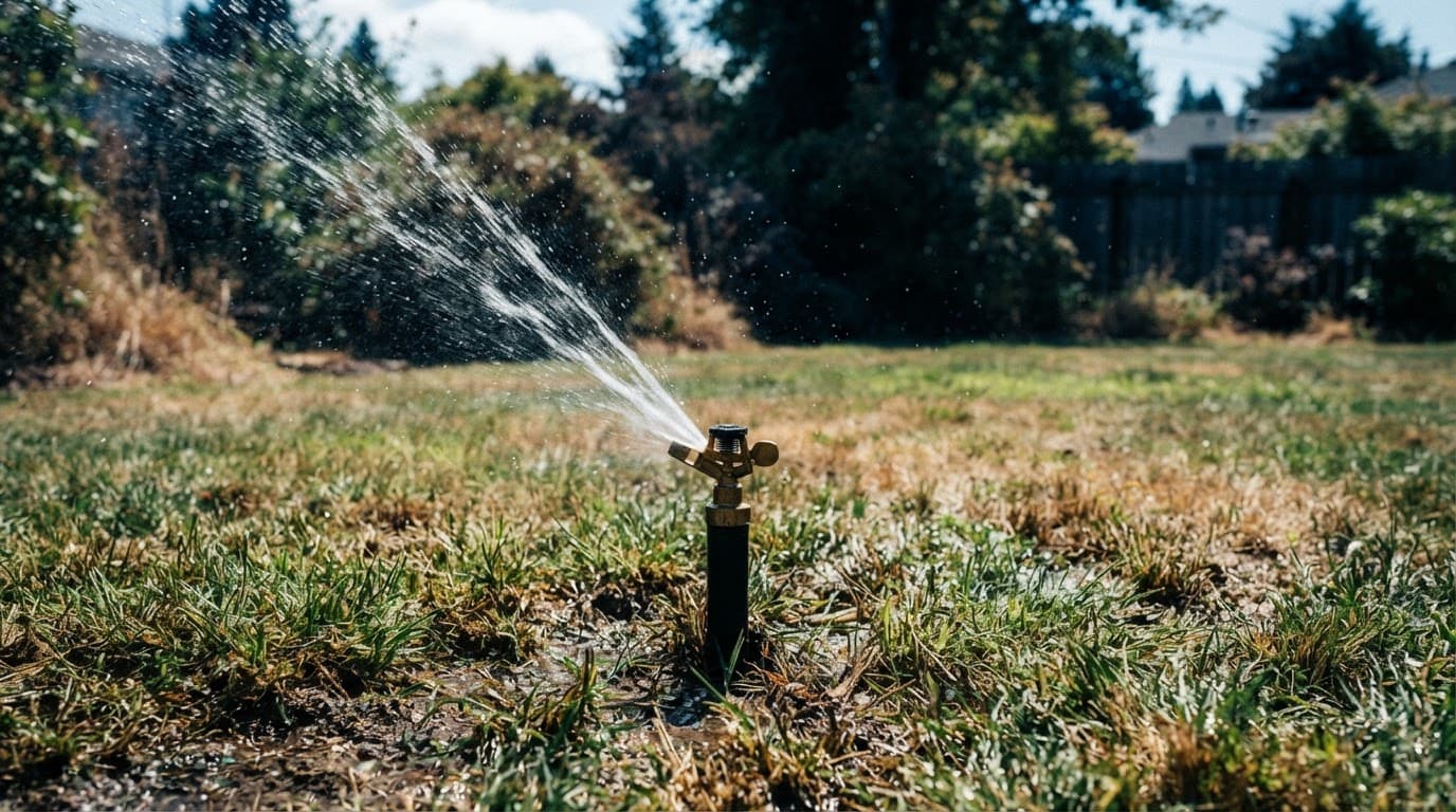 A sprinkler sprays water over green and brown grass.