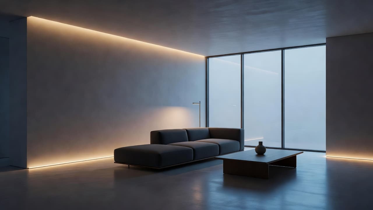 A living room interior showcasing the shift in color temperature from warm amber evening tones to crisp cool daylight hours to support the circadian rhythm.