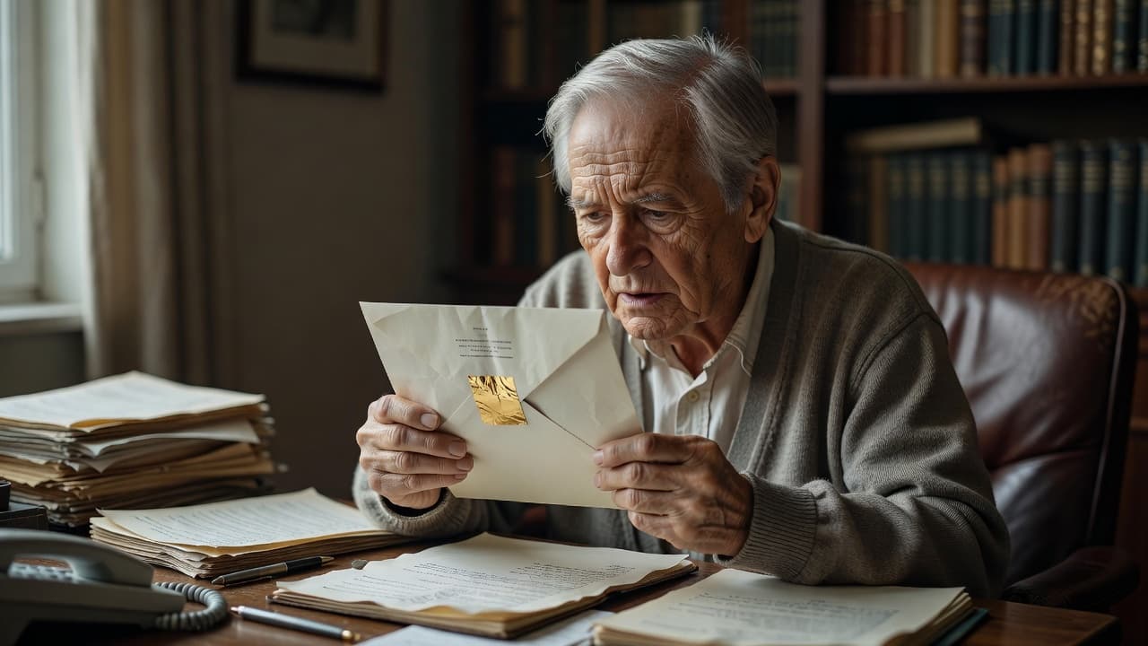An older individual sits at a dark wooden desk, holding a mysterious envelope with a worried expression. The soft sunlight highlights the textured paper against a backdrop of organized home shelves.