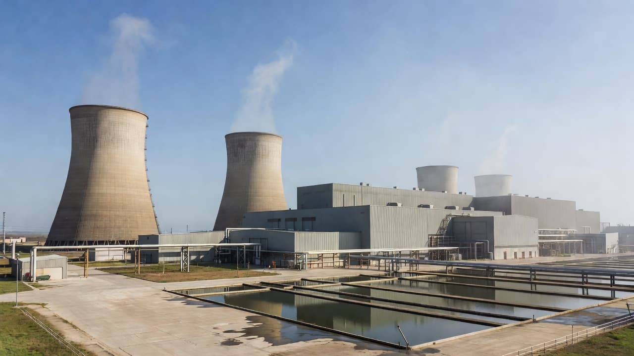 Massive concrete cooling towers loom over an industrial facility on a clear day, with thin wisps of water vapor rising into the bright blue sky from the wide circular openings.